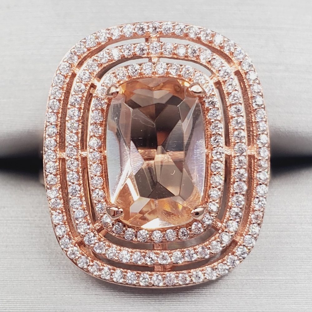 Triple Halo Morganite Ring Rose Gold Ring Statement Ring